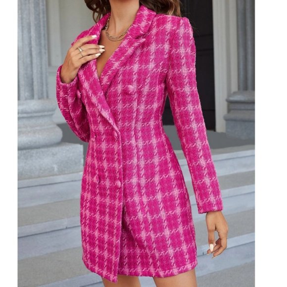 Plaid Double Breasted Pink Tweed Blazer Dress Mini Dress - Picture 6 of 9